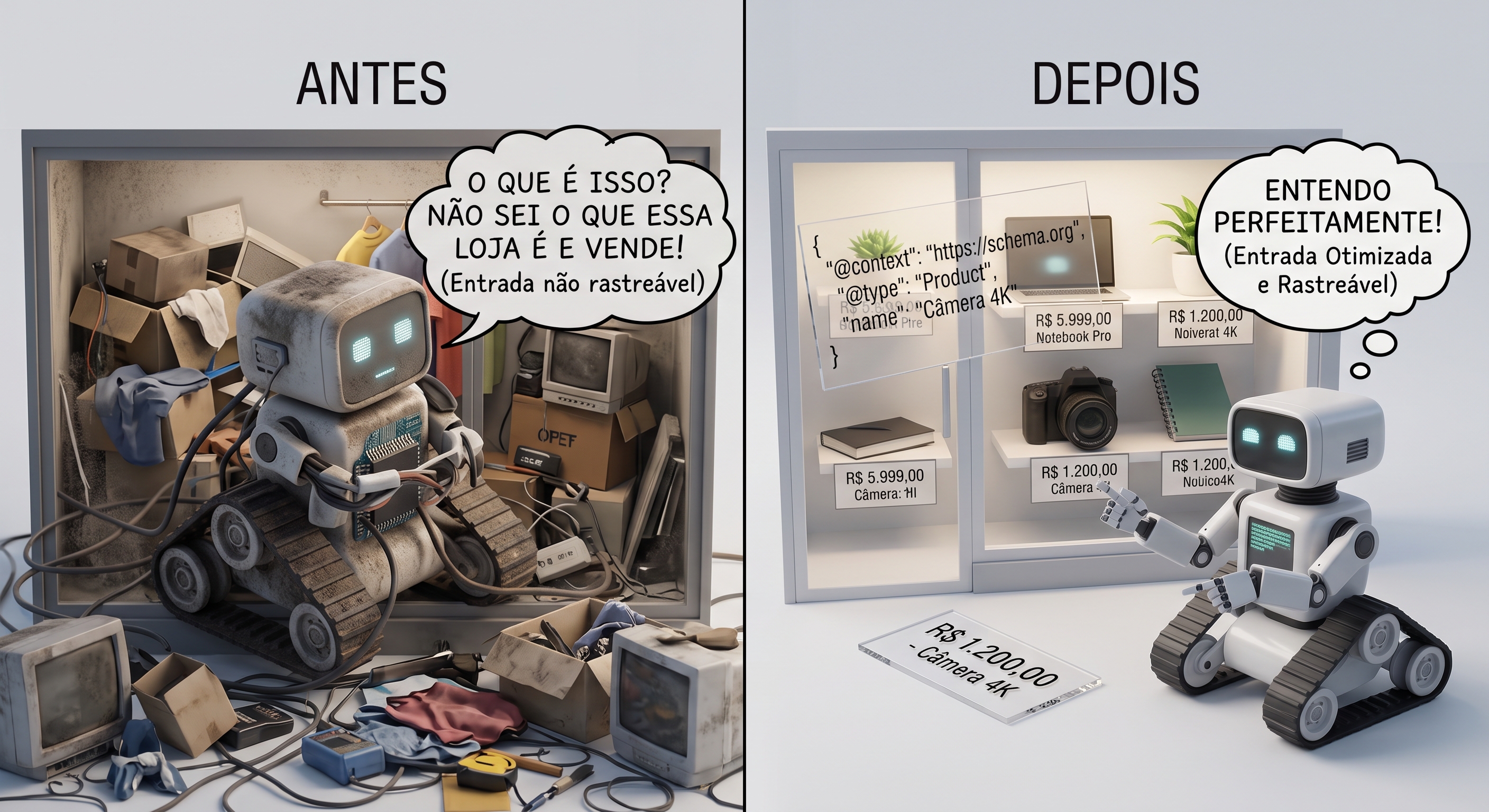 Comparação Antes e Depois mostrando um robô confuso em uma loja bagunçada versus uma vitrine organizada com código Schema.org